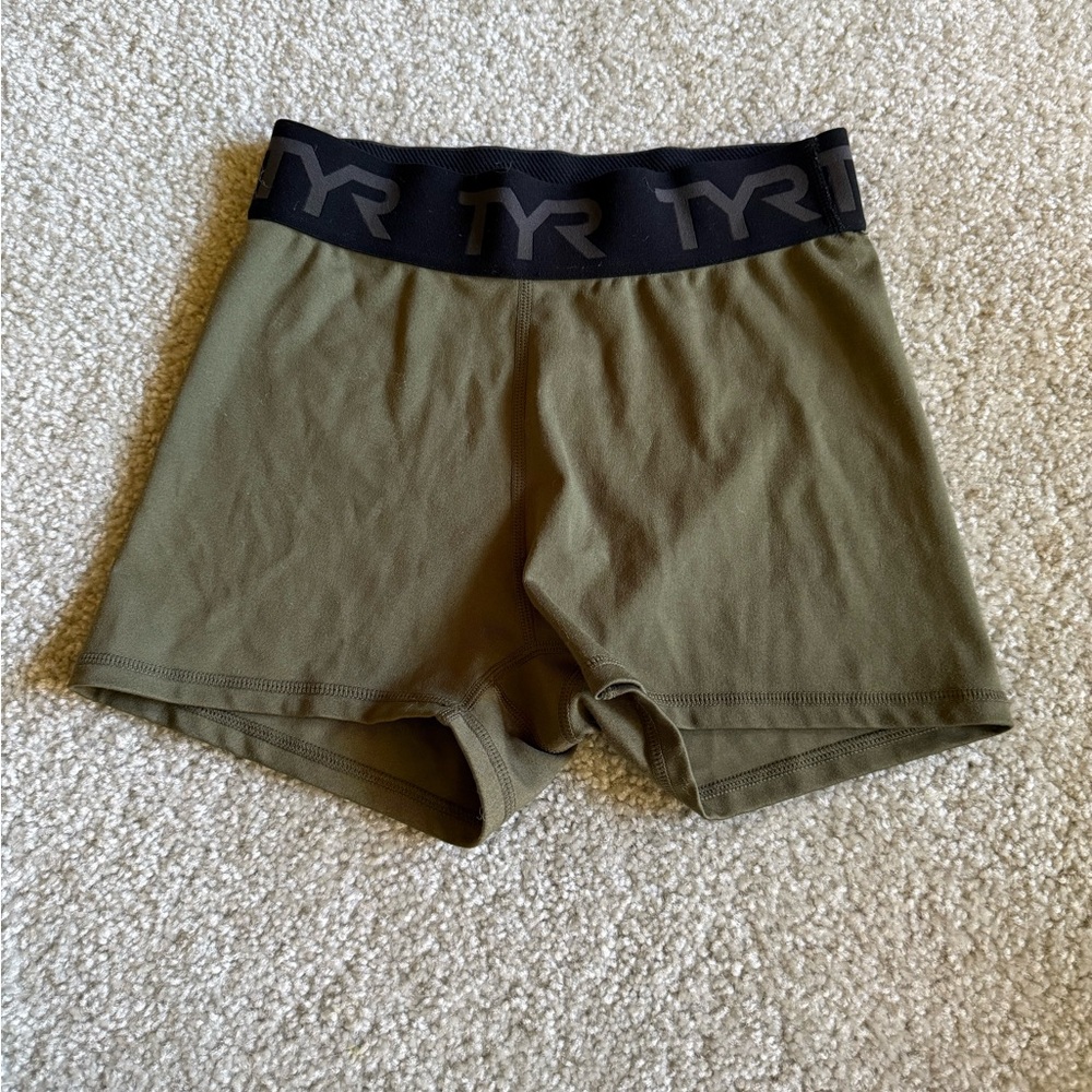 TYR Olive Green Athletic Shorts with Black Waistband